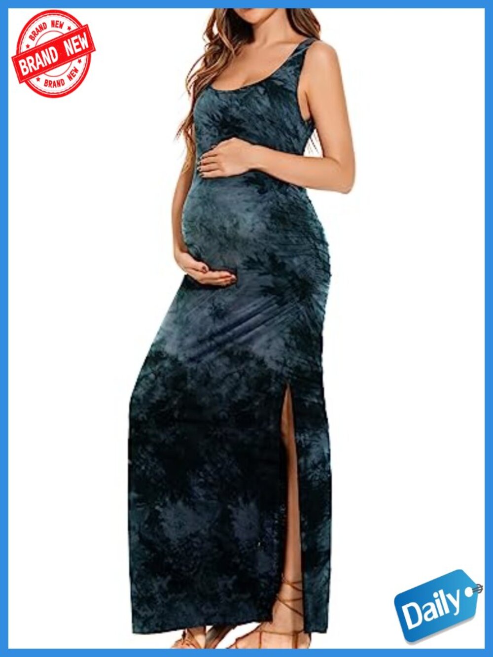Sleeveless Ruched Maternity Maxi Dress, Split Hem Pregnancy Dress